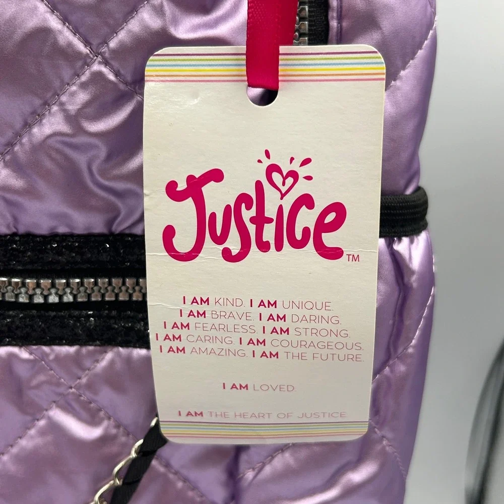 Justice Backpack Purple Girls Metallic Quilted Puffer NWT 13 W x 17 T x 3 D in